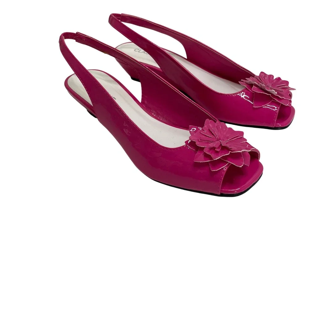 Hot Pink Patent Floral Peep Toe Slingback Wedge Sandals 8.5M Wedding Guest Bold